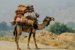 Dromedary camel carrying heavy load walking on dusty road Product Image 1