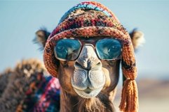 Camel wearing sunglasses and knit hat posing for camera Product Image 1