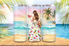 Cute girl enjoy watermelon &amp; beach Tumbler Wrap PNG Sublimat Product Image 1