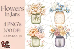 Flowers in Glass Jars PNG, Rustic Floral Watercolor Clipart Product Image 1