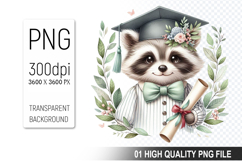 Raccoon Clipart PNG, Watercolor Graduation Animals Clipart Product Image 1