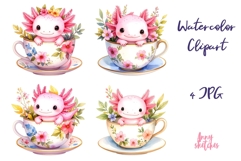 Kawaii Pink Axolotl in a Floral Teacup Clipart JPG Product Image 1