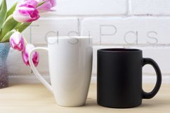 Black coffee, white cappuccino mug mockup, magenta tulips Product Image 2