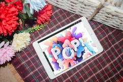 Plaid Ipad Mockup with Flowers and Basket Photoshop PSD Product Image 2