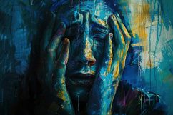 Painting of a Man with Hands Covering Face Background Product Image 1