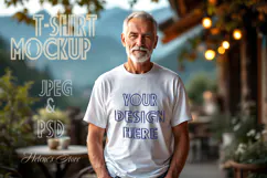 Mountains cafe man model white t-shirt mockup JPG and PSD Product Image 1
