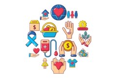 Charity icons set, cartoon style Product Image 1