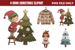Cute Boho Christmas Watercolor Clipart PNG Product Image 1