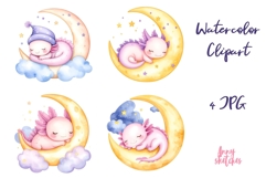 Kawaii Baby Axolotl Sleeping on Moon Clipart Set Product Image 1