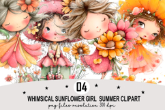 Whimsical Sunflower Girl Summer Clipart Watercolor png Product Image 1