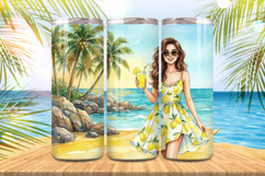 Cute girl enjoys lemonade on beach Tumbler Wrap PNG Sublimation Product Image 1