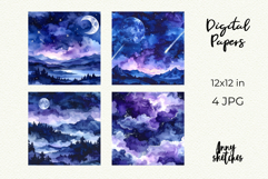 Moon &amp; Night Sky Digital Paper Watercolor Seamless Pattern Product Image 2