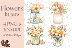 Flowers in Glass Jars PNG, Rustic Floral Watercolor Clipart Product Image 1