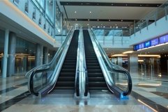 Modern empty shopping mall with escalators going up Product Image 1