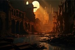 Dramatic image of sun setting behind the ruins of a once-gre Product Image 1