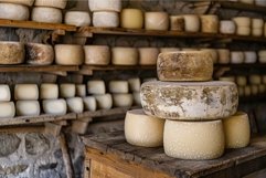 Wheels of aged cheese maturing on wooden shelves in a cellar Product Image 1