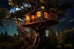 Magical treehouse illuminated at dusk, nestled among forest Product Image 1