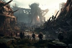 Group of survivors walk through the ruins of a desolate city Product Image 1
