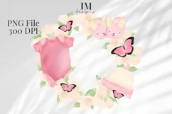 Watercolor Pink Newborn Baby Wreath Design PNG Product Image 1