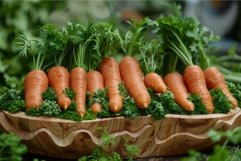 Freshly picked carrots resting on parsley in carved wooden b Product Image 1