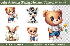 Cute Animals Daisy Flowers Clipart PNG Product Image 1