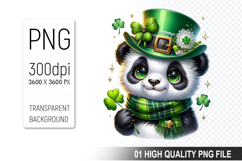 St. Patrick’s Day Panda with Hat Clipart, Shamrocks PNG Product Image 1