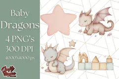Watercolor Baby Dragon Clipart, Cute Nursery Fantasy PNG Product Image 1