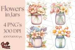 Flowers in Glass Jars PNG, Rustic Floral Watercolor Clipart Product Image 1