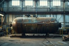 Large rusty industrial tank sitting in deserted factory Product Image 1