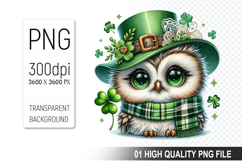 St. Patrick’s Day Owl with Hat Clipart, Shamrocks PNG Product Image 1