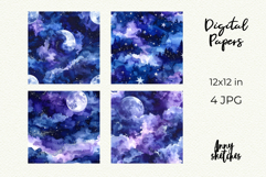 Moon &amp; Night Sky Digital Paper Watercolor Seamless Pattern Product Image 2