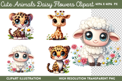 Cute Animals Daisy Flowers Clipart PNG Product Image 1