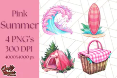 Pink Summer Clipart, Cute Beach Icons, Aesthetic PNG Product Image 1