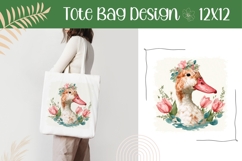 Pink Tulips Illustration, Cute Goose Tote Bag Design Product Image 1