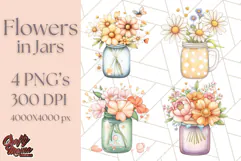 Flowers in Glass Jars PNG, Rustic Floral Watercolor Clipart Product Image 1