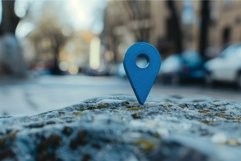 Blue location pin standing on a rock in the city Product Image 1