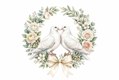dove pair with floral wreath and ribbon bow, wedding clipart Product Image 1