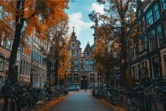Narrow street flanked by parked bicycles leading to historic Product Image 1