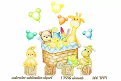 Watercolor Clipart, Wooden toys Digital, giraffe, teddy bear Product Image 1
