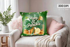 Happy St Patrick’s Day Shamrock and Gold Pillow PNG Sublimat Product Image 1