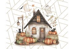 Watercolor Halloween Cottage Clipart, Ghosts &amp; Pumpkins Png Product Image 3