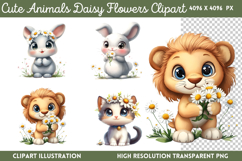 Cute Animals Daisy Flowers Clipart PNG Product Image 1