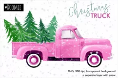 Watercolor Christmas Pink TRUCK with pine trees PNG New Year Product Image 1