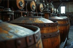 Vintage wooden barrels in old distillery Product Image 1