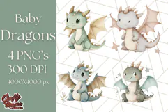 Watercolor Baby Dragon Clipart, Cute Nursery Fantasy PNG Product Image 1