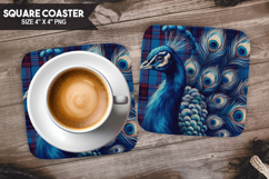Peacock, Animal coaster, Buffalo Plaid Square Coaster PNG Product Image 1