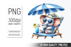 Summer Elephant Clipart PNG | Summer Watercolor Animals Product Image 1
