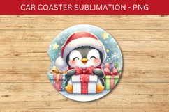 rounded car coaster - penguin and wrapped gift Product Image 1