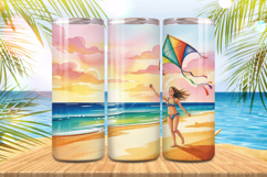 Cute girl flying kite in beach Tumbler Wrap PNG Sublimation Product Image 1
