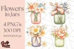 Flowers in Glass Jars PNG, Rustic Floral Watercolor Clipart Product Image 1